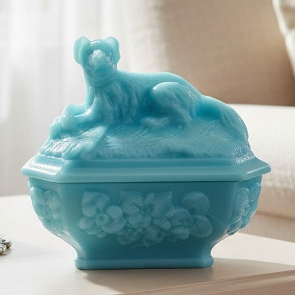 Vintage Vallerysthal Blue Milk Glass Dog Covered Dish Candy Trinket Box France